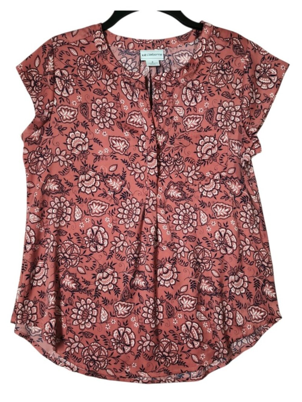 Liz Claiborne Floral V-Neck Blouse Top Short Cap Sleeve Size Medium
